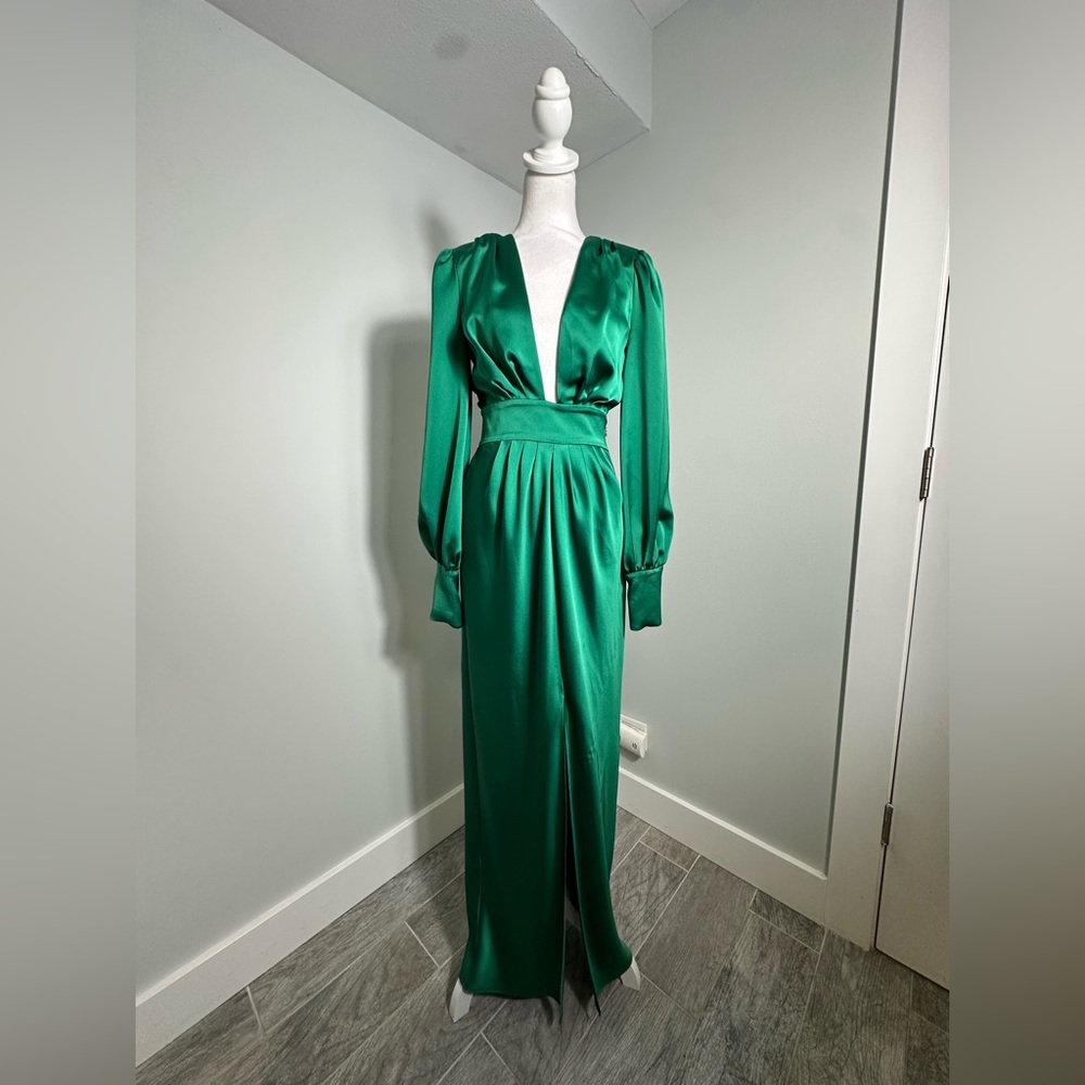 Rami Brooke Madeline Gown Deep V Long Sleeve Green Maxi Dress Size 0 - Picture 3 of 17